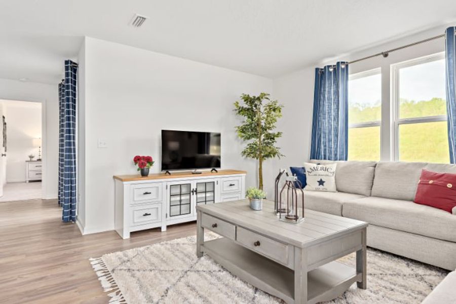 A living room with a tv and couches. A living room with a tv and couches.