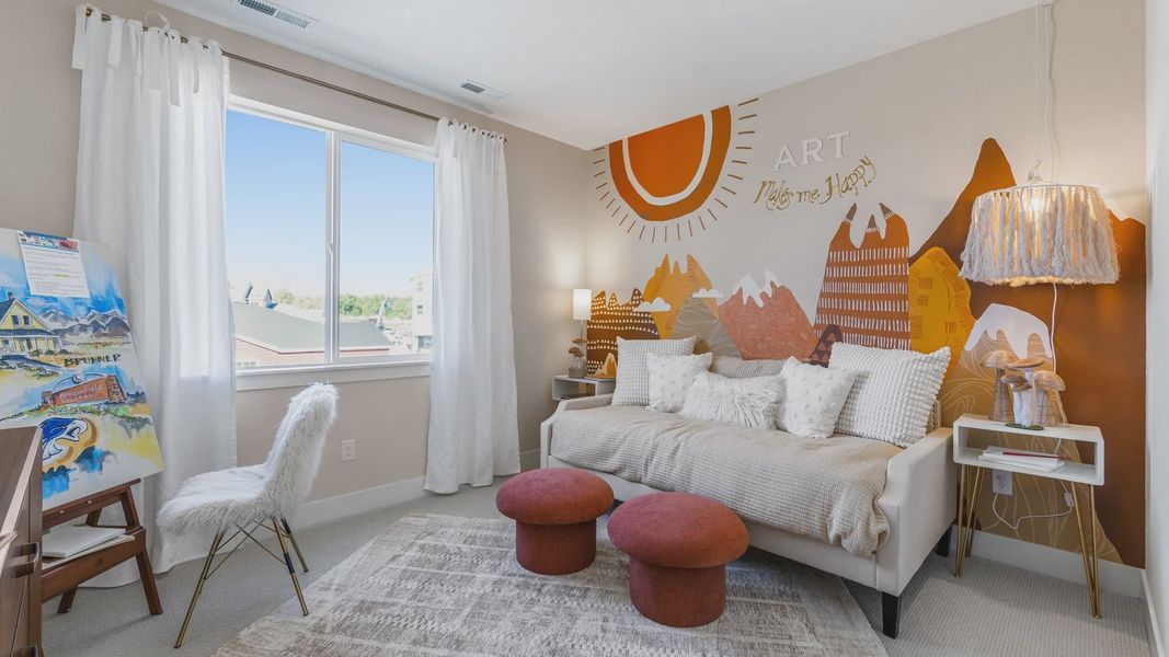 Luxe bedroom features a stunning hand-painted mural and elegant modern furnishings in Dillon Pointe. Luxe bedroom features a stunning hand-painted mural and elegant modern furnishings in Dillon Pointe.