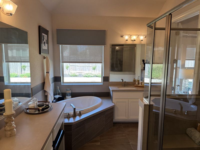 A modern bathroom featuring a glass shower, luxurious bathtub, and elegant fixtures with ample natural light.