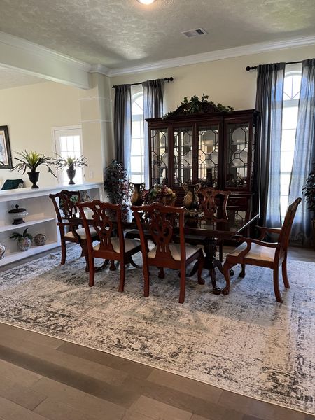 Elegant dining room with classic wooden furniture, a sophisticated china cabinet, and plush rug for a warm ambiance.