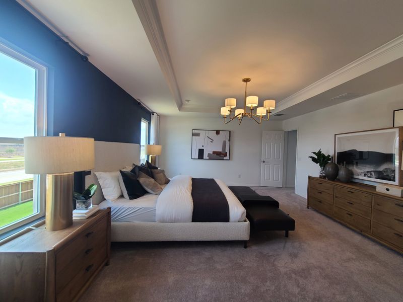 A spacious bedroom with a sophisticated chandelier, navy accent wall, and elegant wood furnishings for a cozy ambiance. A spacious bedroom with a sophisticated chandelier, navy accent wall, and elegant wood furnishings for a cozy ambiance.