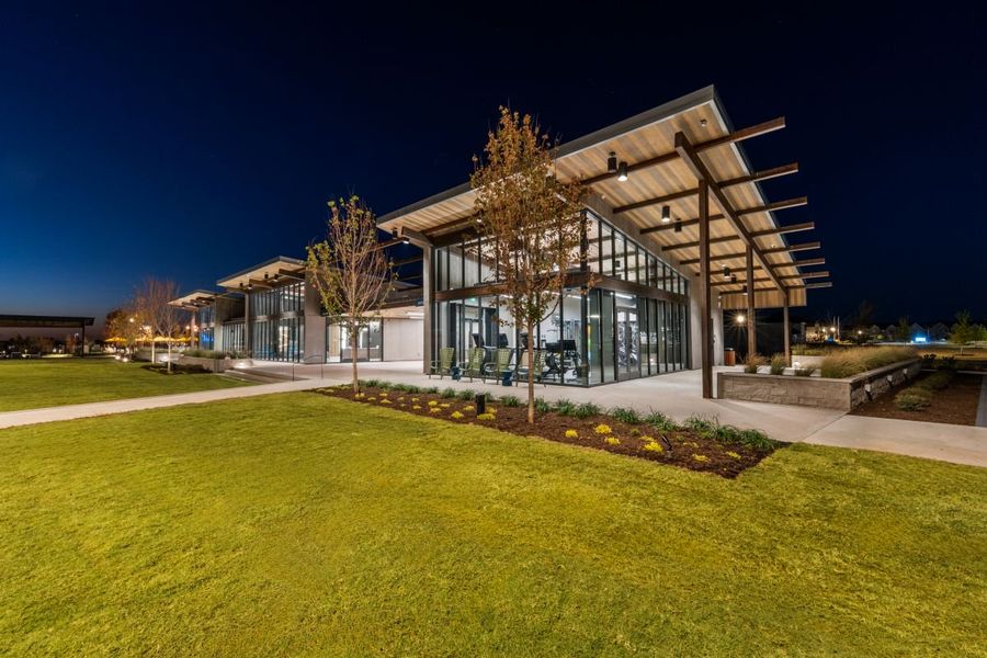 Twilight photo of amenity center side profile in Mosaic, Celina, Texas