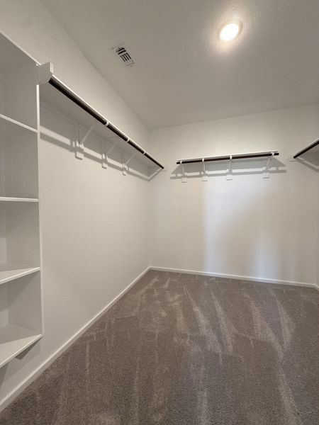 A spacious walk-in closet with plush carpet, ample shelving, and sleek hanging rods for organized storage. A spacious walk-in closet with plush carpet, ample shelving, and sleek hanging rods for organized storage.