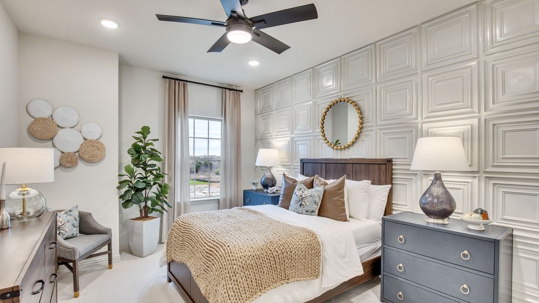 Experience luxury at Opal Ranch with a chic panel accent wall and elegant modern furnishings.
