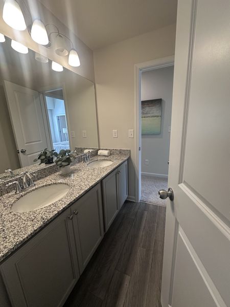 A chic bathroom featuring dual sinks with granite countertops and elegant lighting, complemented by wood-look flooring.