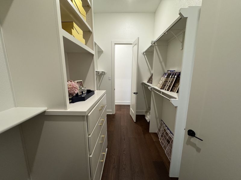A spacious walk-in closet featuring sleek shelving, ample storage, and elegant hardwood floors.