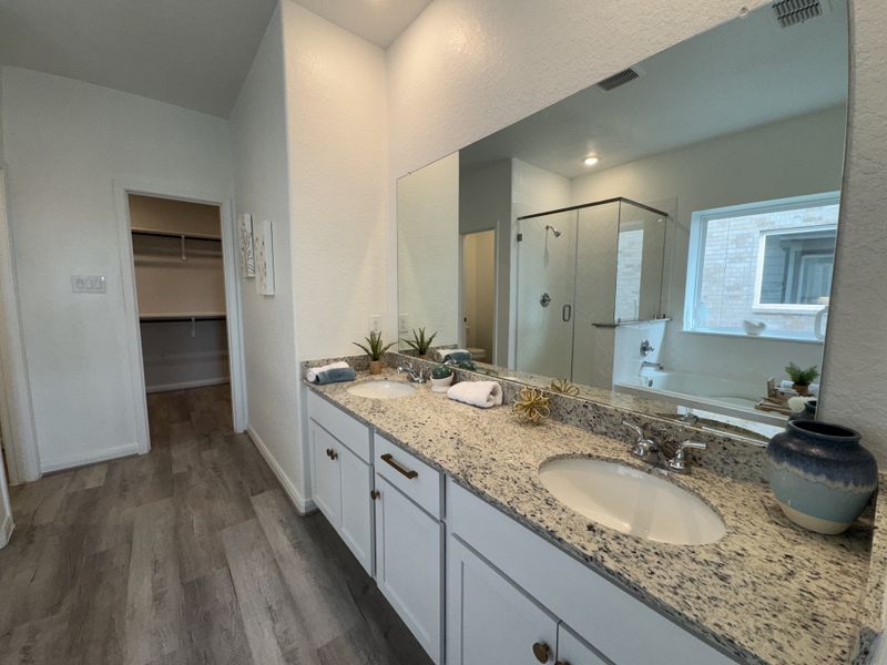 A sleek bathroom with a granite countertop, double sinks, spacious walk-in shower, and access to a large walk-in closet.