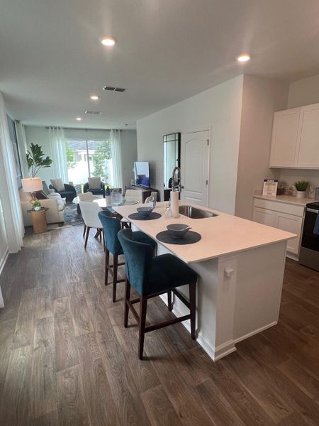 An inviting open-concept kitchen and living area with wood flooring, a sleek island, and modern decor.