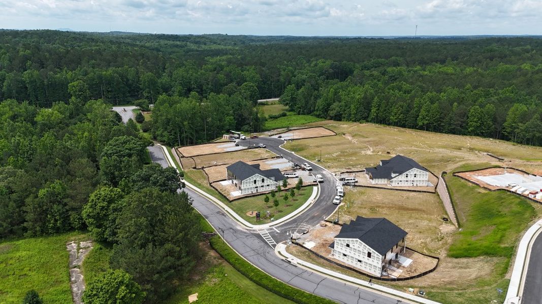 Aerial view of the Villas at Gold Creek community in Dawsonville, GA, showing layout and nearby surroundings (Image 11).