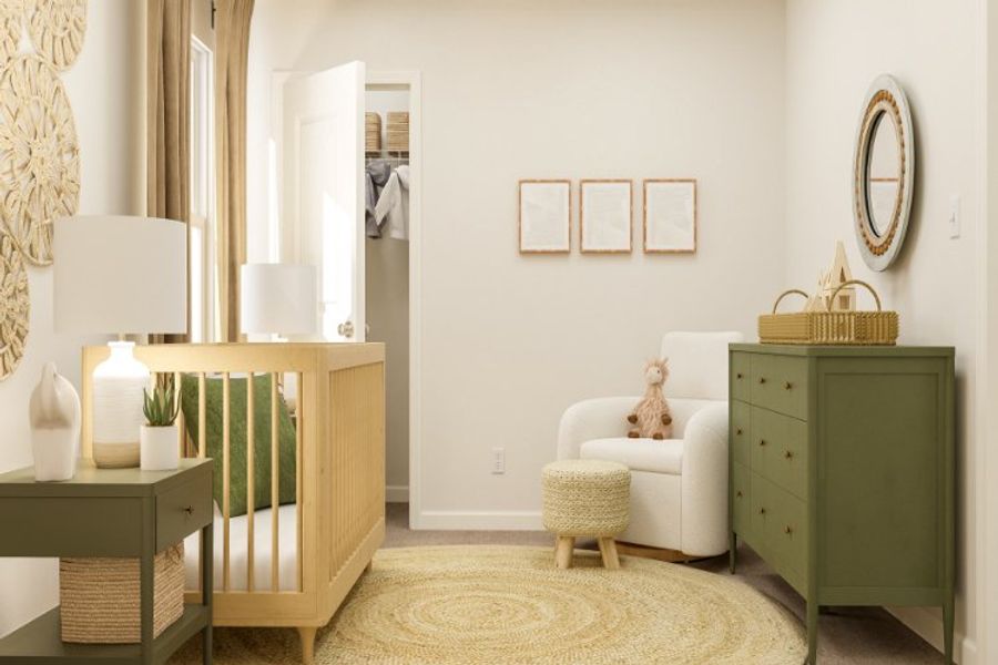 A room with a green dresser and a chair.