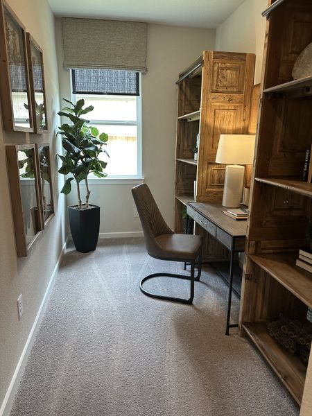 A cozy home office featuring wooden shelves, a modern desk, and a stylish chair, accented with a tall potted plant. A cozy home office featuring wooden shelves, a modern desk, and a stylish chair, accented with a tall potted plant.