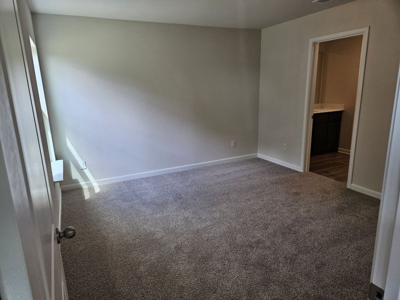 A cozy carpeted room with neutral walls and an adjoining bathroom featuring a modern vanity.