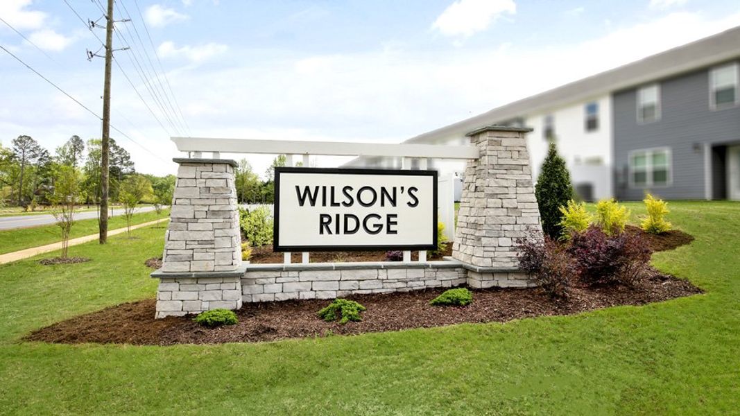 Entrance to the The Townes at Wilson's Ridge community in Wilson's Mills, NC, featuring signage and landscaping (Image 1).