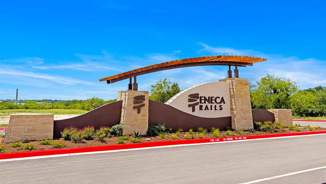 Entrance to the Seneca Trails community in Leon Valley, TX, featuring signage and landscaping (Image 1). Entrance to the Seneca Trails community in Leon Valley, TX, featuring signage and landscaping (Image 1).