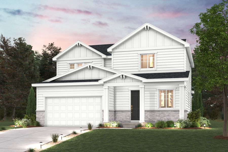 A white house with a garage with American Gothic House in the background. A white house with a garage with American Gothic House in the background.