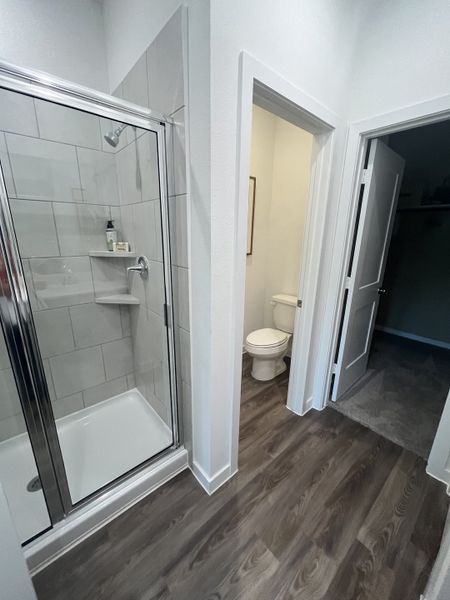 Modern bathroom with a sleek glass shower, wood-look flooring, and a separate toilet area.