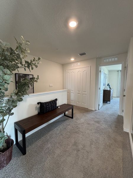 A bright upstairs landing with plush carpeting, a modern bench, and decorative accents in Avian Pointe Townhomes by D.R. Horton (Apopka, FL).