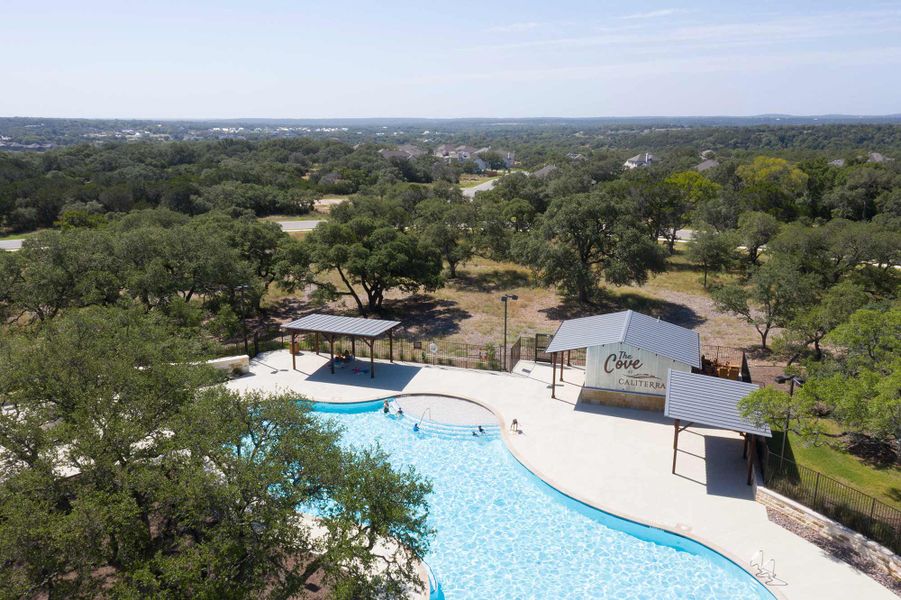 Aerial view of the Caliterra community in Dripping Springs, TX, showing layout and nearby surroundings (Image 1). Aerial view of the Caliterra community in Dripping Springs, TX, showing layout and nearby surroundings (Image 1).