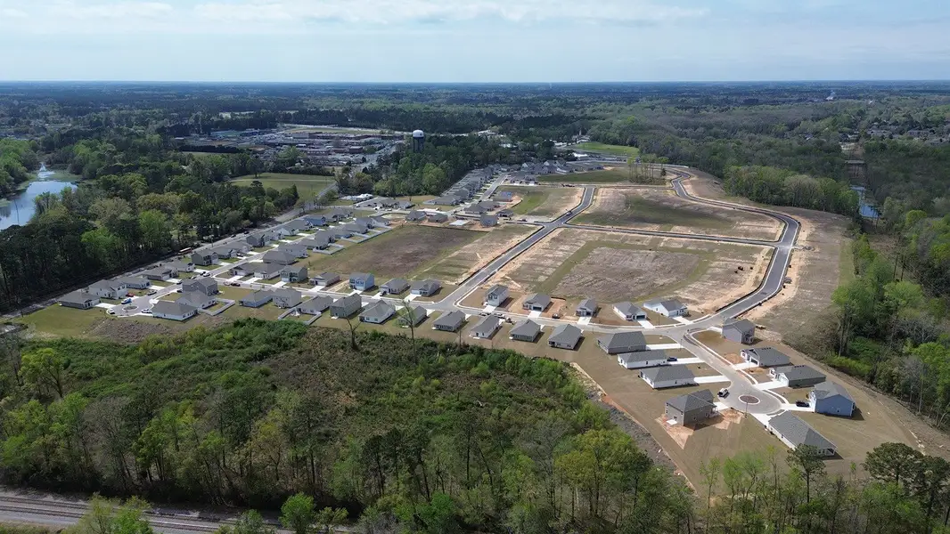 Aerial view of the The Bluffs at Mill Creek community in Florence, SC, showing layout and nearby surroundings (Image 12). Aerial view of the The Bluffs at Mill Creek community in Florence, SC, showing layout and nearby surroundings (Image 12).