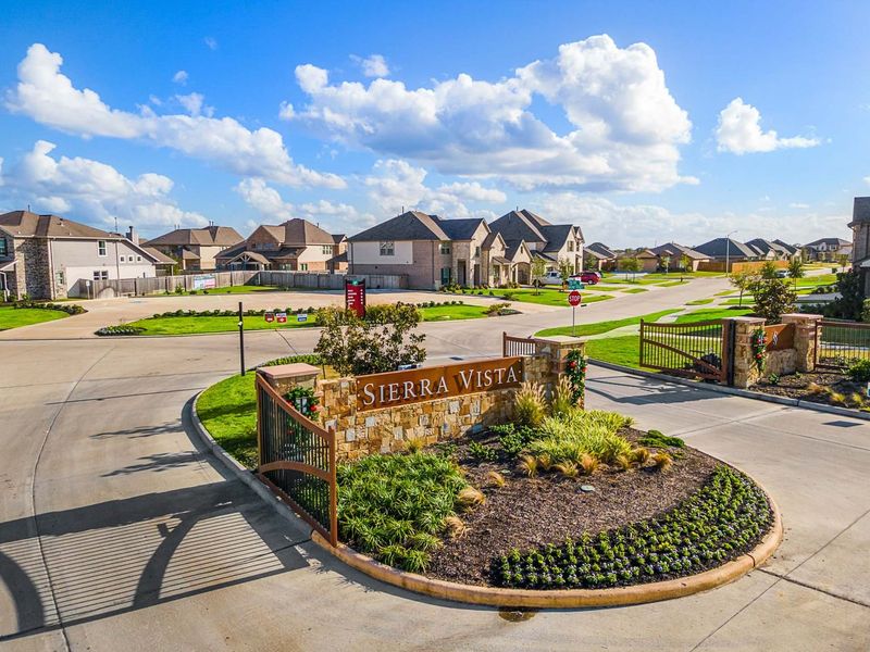 Entrance to the Sierra Vista community in Rosharon, TX, featuring signage and landscaping (Image 2). Entrance to the Sierra Vista community in Rosharon, TX, featuring signage and landscaping (Image 2).