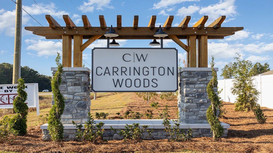 Entrance to the Carrington Woods community in Longs, SC, featuring signage and landscaping (Image 2).