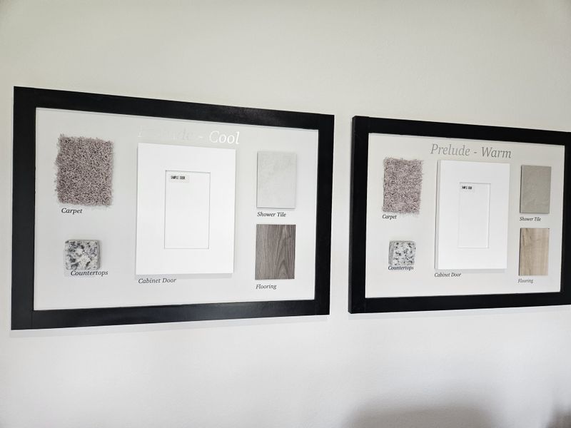 A display of carpet, tile, countertop, and cabinet door samples showcasing cool and warm design palettes for interiors.