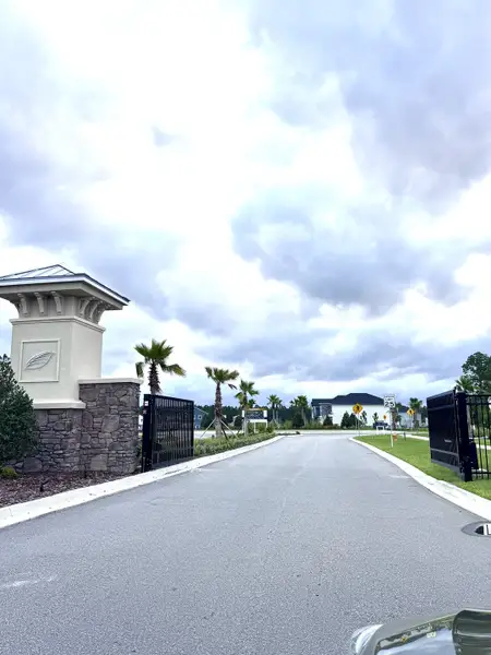 Gated entrance with palm trees in Brook Forest by Dream Finders Homes, St. Augustine, FL.