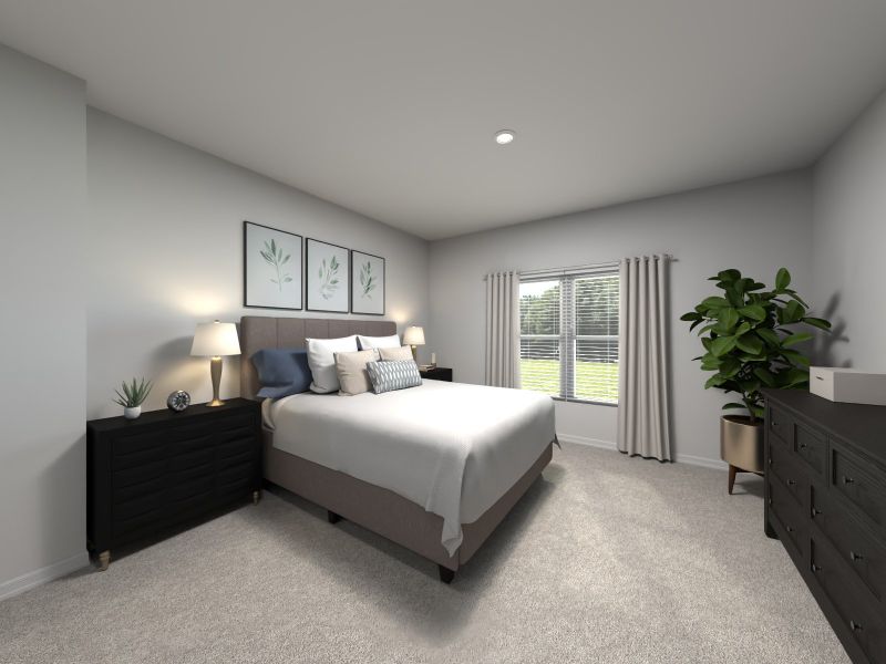 Virtual rendering of primary bedroom in Everett floorplan.