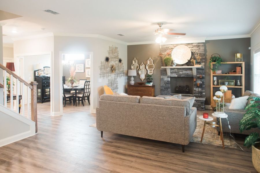 Open floor plan with designated dining space