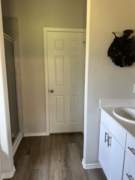 A modern bathroom with a sleek white vanity, wood-look flooring, and a shower enclosure for a stylish touch.