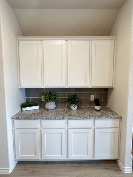 A sleek kitchen nook with white cabinetry, granite countertop, gray tiled backsplash, and decorative potted plants. A sleek kitchen nook with white cabinetry, granite countertop, gray tiled backsplash, and decorative potted plants.