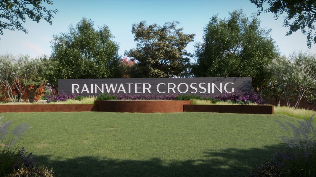 Entrance to the Rainwater Crossing community in Celina, TX, featuring signage and landscaping (Image 1). Entrance to the Rainwater Crossing community in Celina, TX, featuring signage and landscaping (Image 1).