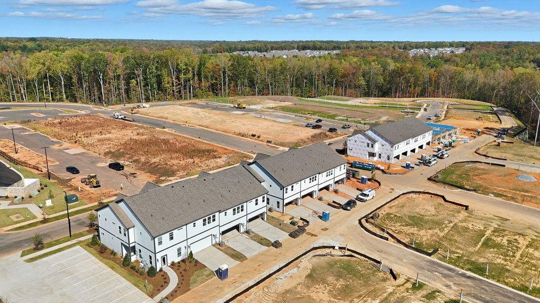 Aerial view of the Terraces at the Exchange community in Indian Land, SC, showing layout and nearby surroundings (Image 12). Aerial view of the Terraces at the Exchange community in Indian Land, SC, showing layout and nearby surroundings (Image 12).