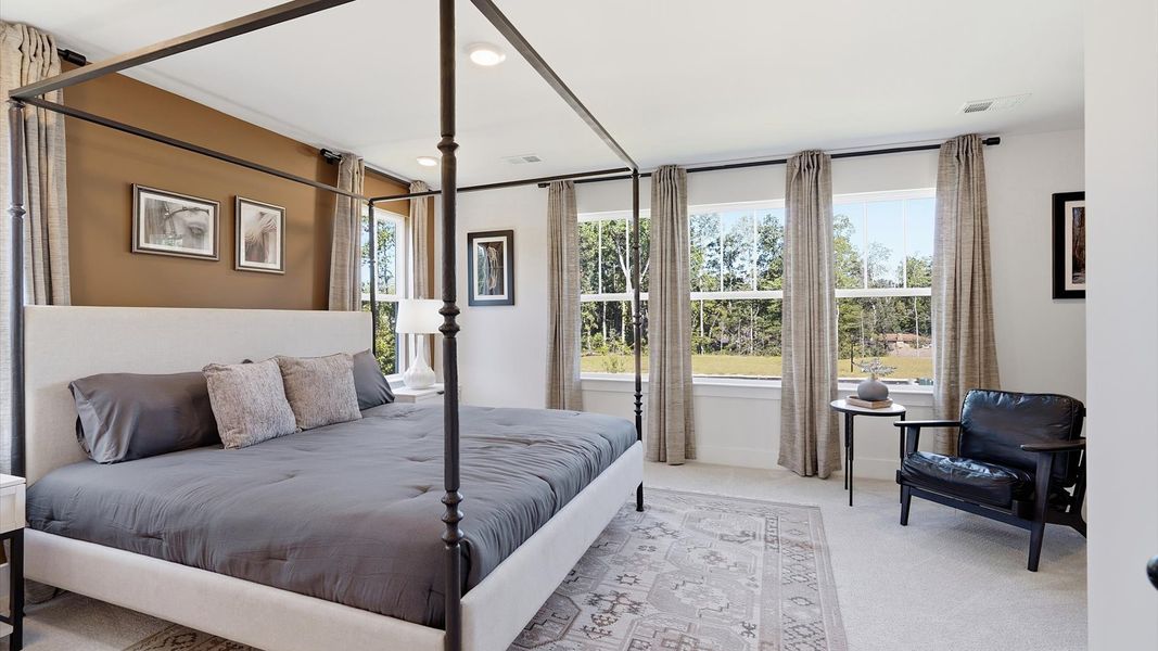 Serene and stylish primary bedroom featuring carpet flooring and a thoughtful, modern layout in Hendersonville, NC