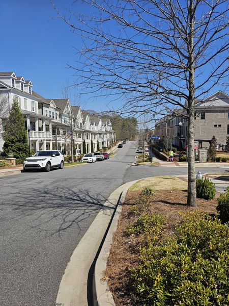 Charming townhomes line a peaceful street in Towns on Thompson by The Providence Group, Alpharetta, GA.