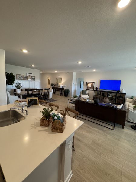 An open-concept living space with a sleek kitchen island, cozy seating, and modern accents.
