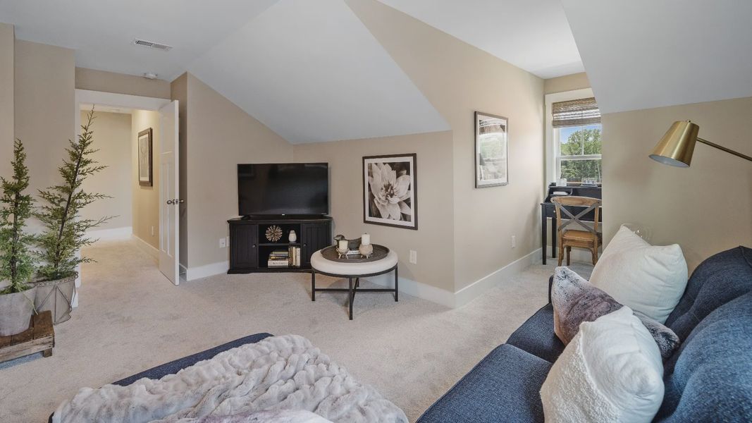 Summit floorplan bonus room with plush carpet and elevated ceilings at Pleasant Falls by DRB Homes in Moore, SC