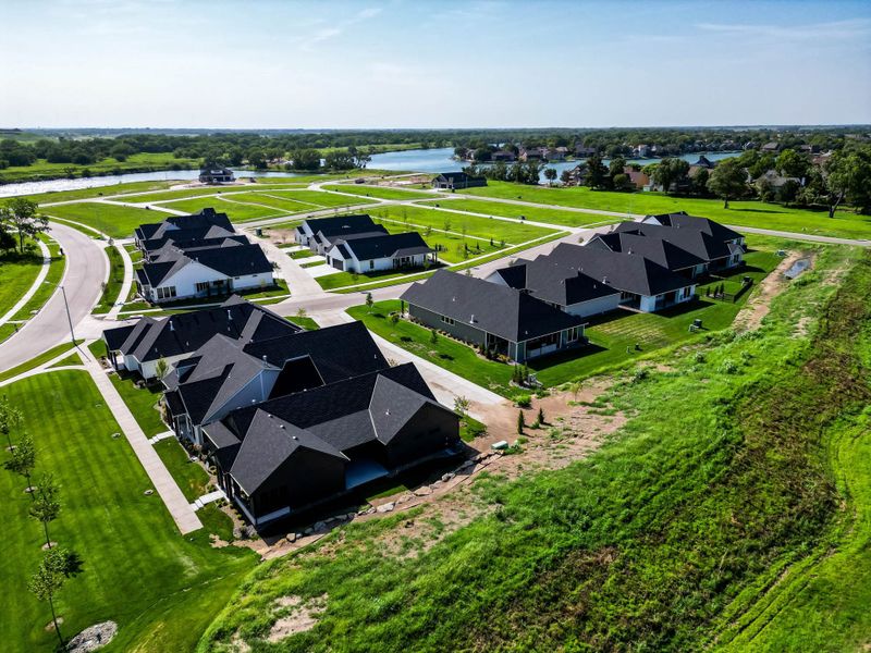 Aerial view of the The Courtyards at The Moorings community in Wichita, KS, showing layout and nearby surroundings (Image 14).