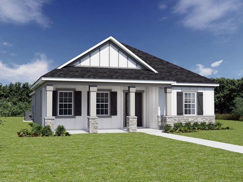 These homes offer attractive curb appeal with a large front porch and modern farmhouse or Craftsman-style exterior details.