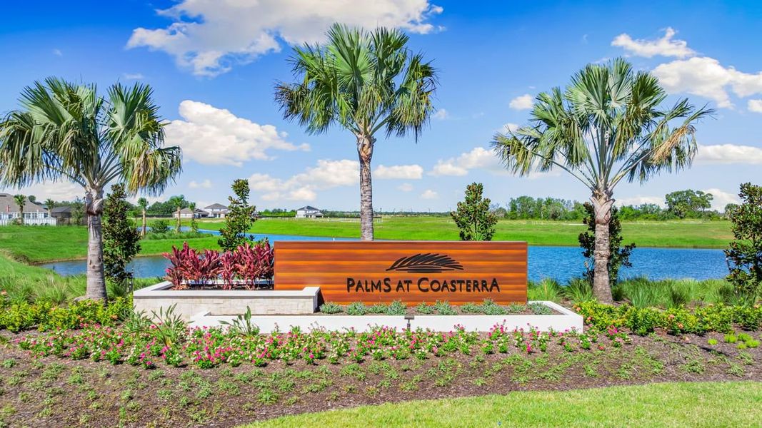 Entrance to the Palms at Coasterra community in Palmetto, FL, featuring signage and landscaping (Image 1). Entrance to the Palms at Coasterra community in Palmetto, FL, featuring signage and landscaping (Image 1).