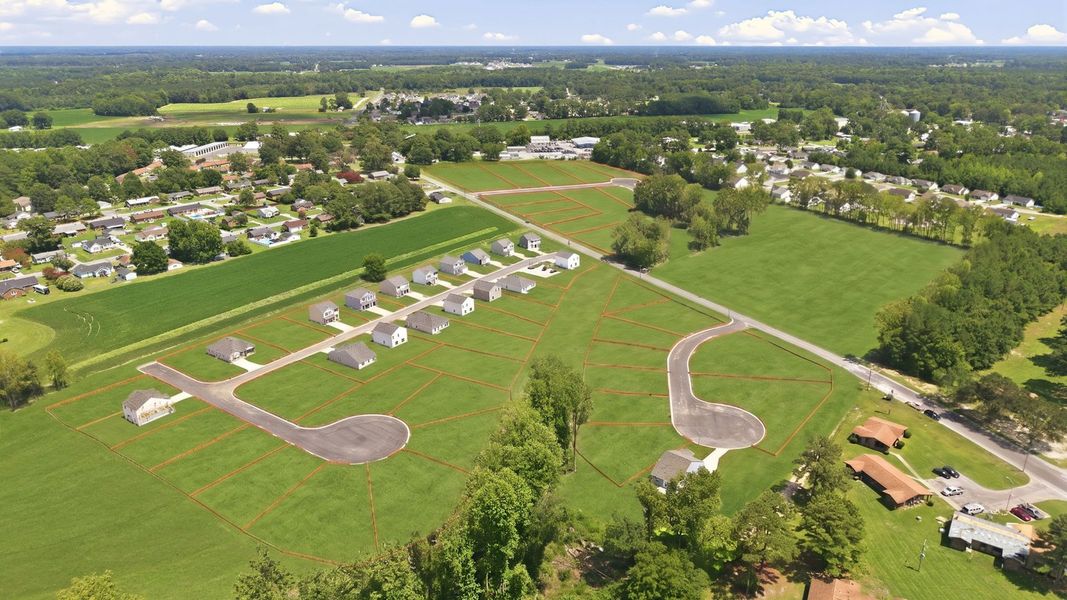 Aerial view of the Hobbs Farm community in Ayden, NC, showing layout and nearby surroundings (Image 9). Aerial view of the Hobbs Farm community in Ayden, NC, showing layout and nearby surroundings (Image 9).