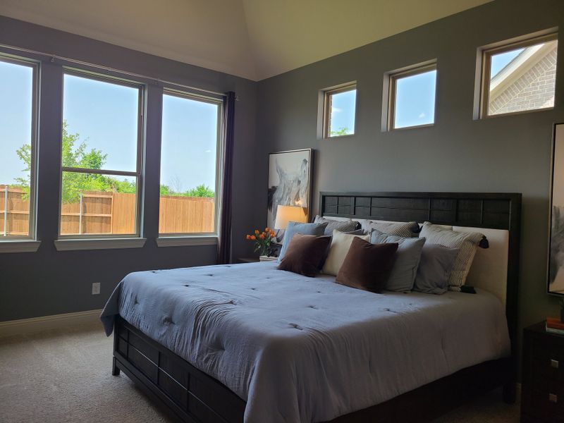 A cozy bedroom with dark accent walls, large windows, and a chic bed adorned with plush pillows.