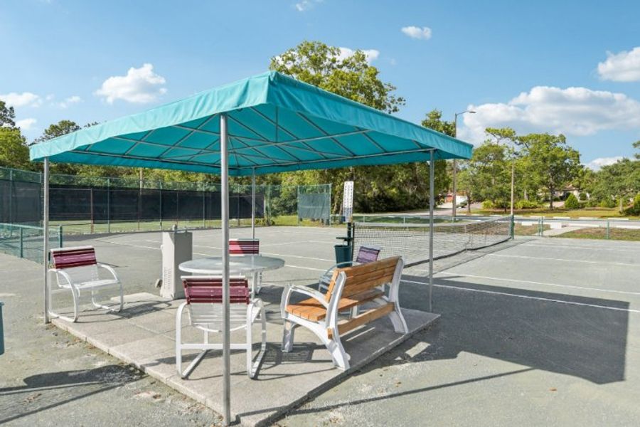 A table and chairs under a green awning.