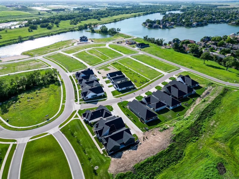 Aerial view of the The Courtyards at The Moorings community in Wichita, KS, showing layout and nearby surroundings (Image 11).