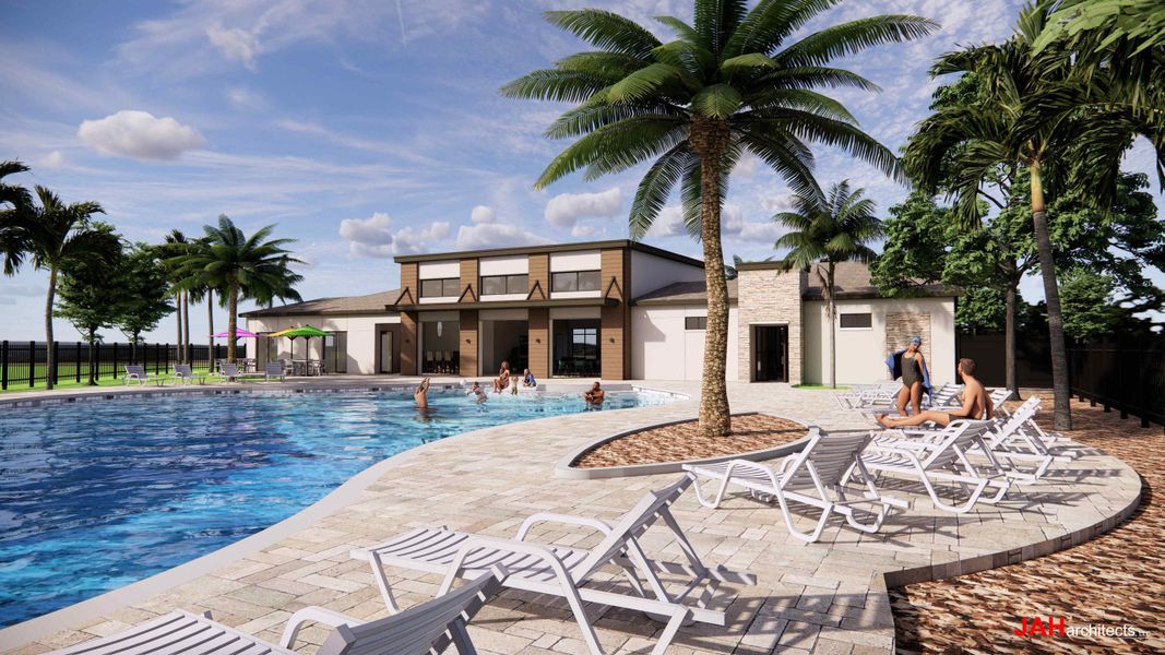 A pool with lounge chairs and palm trees next to it. A pool with lounge chairs and palm trees next to it.