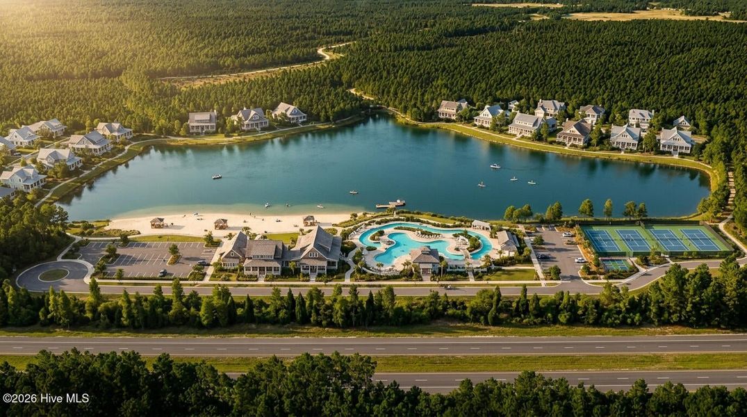 Aerial view of the East Lake community in Leland, NC, showing layout and nearby surroundings (Image 1). Aerial view of the East Lake community in Leland, NC, showing layout and nearby surroundings (Image 1).