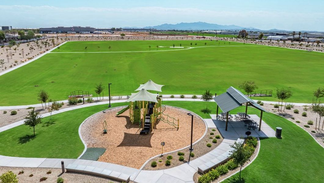 Birdseye view of the large green space perfect for a quick game of sports.