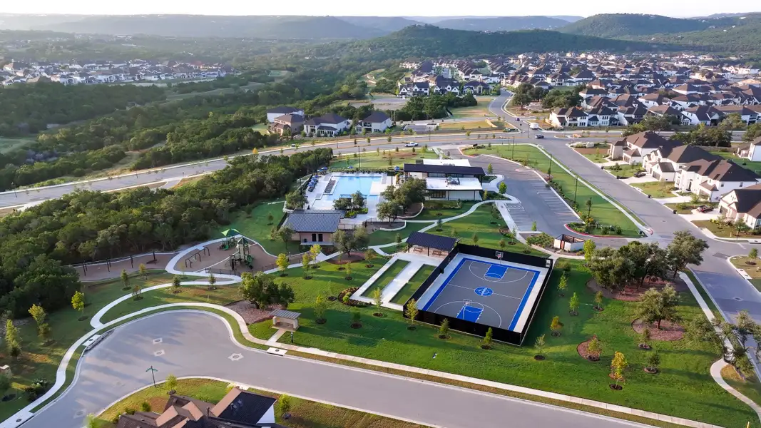 Aerial view of the Travisso Florence Collection community in Leander, TX, showing layout and nearby surroundings (Image 1).