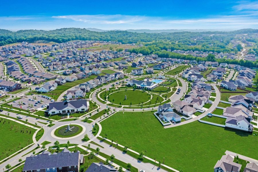 Aerial view of the master-planned community Durham Farms in Hendersonville, TN, highlighting its neighborhoods and green spaces (Image 1).