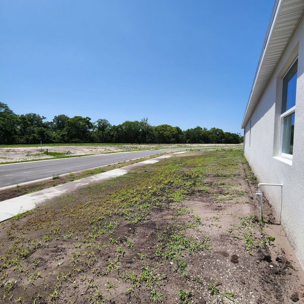 Expansive plot and roadside view in Yucatan Gardens by CFB Homes, Azalea Park, FL, under clear blue skies.